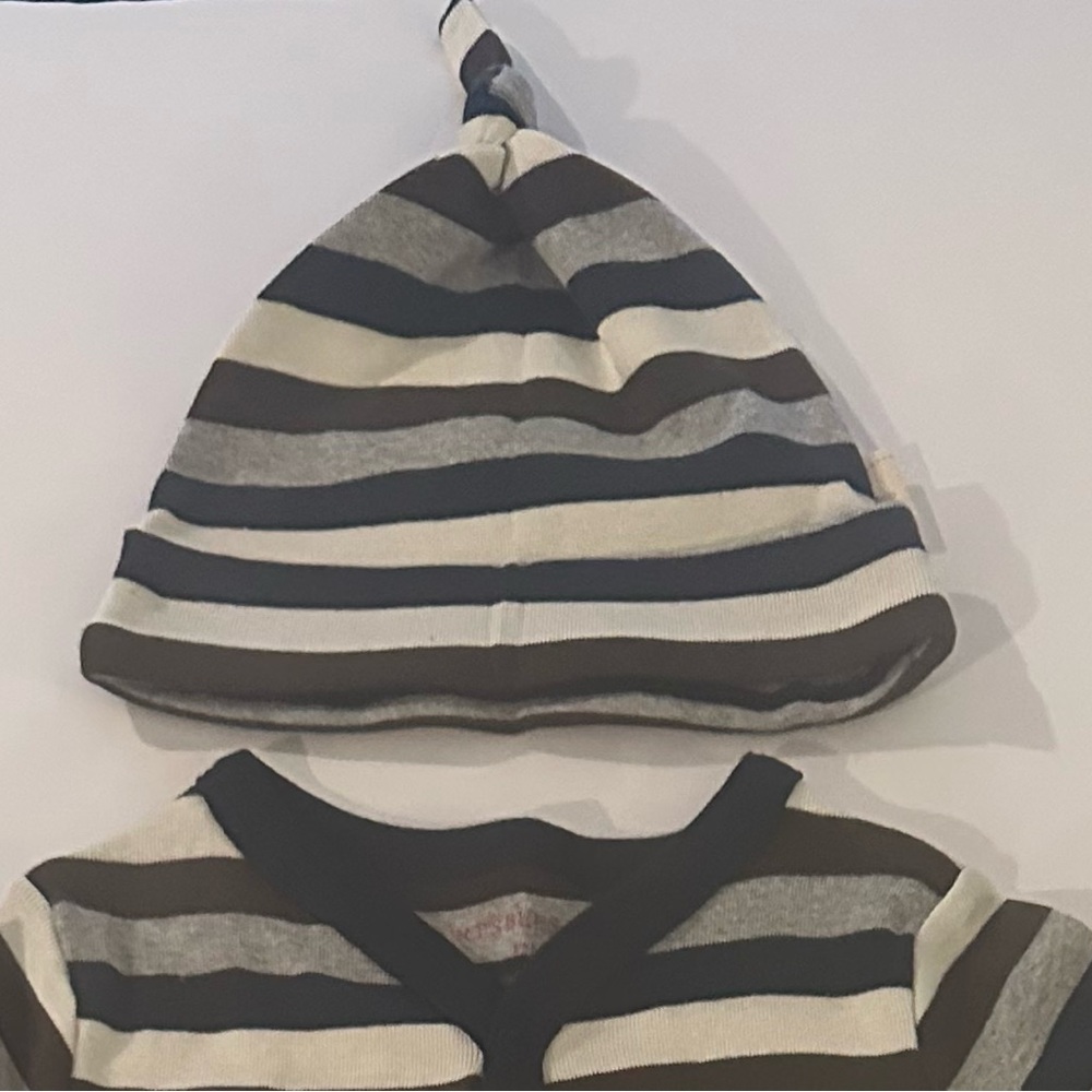 Burt’s Bee Baby New Striped Kids One Piece w/ Hat Brown, Cream, & Blue 12 month - Picture 5 of 5
